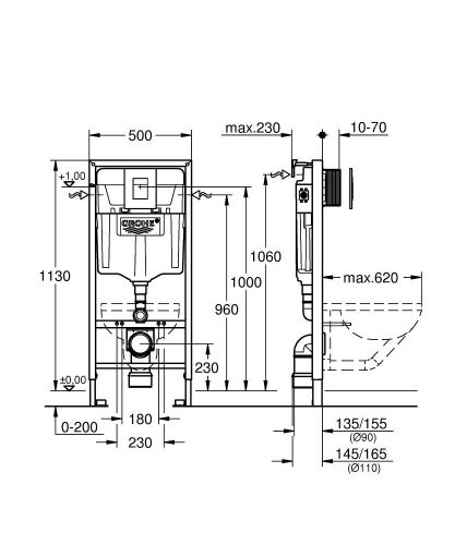 Система инстал. GROHE RAPID для подвесного унитаза (4 в1) квадратная кнопка 1,13 м.(38775001) в Минеральных Водах